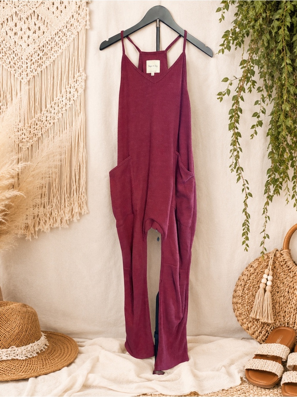 Sage & Sky Burgandy Ribbed Slouchy Jumpsuit Pockets Size Small Boho Oversized